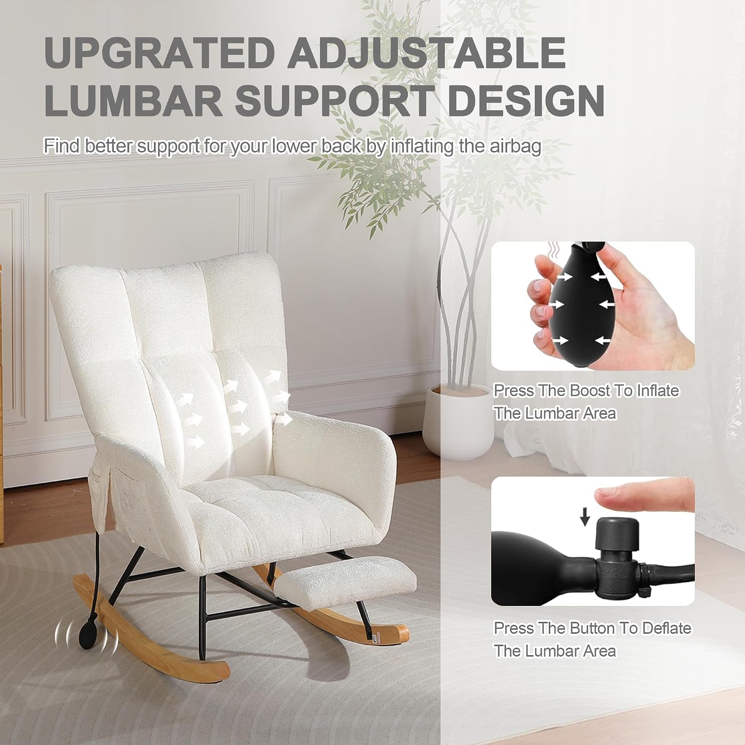 Rocking Chair Nursery with Airbag, Comfy Modern Nursery Rocking Reading Chair Indoor with Footrest, Cozy Upholstered Glider Rocker Chairs for Living Room Bedroom Offices(Chenille, White)