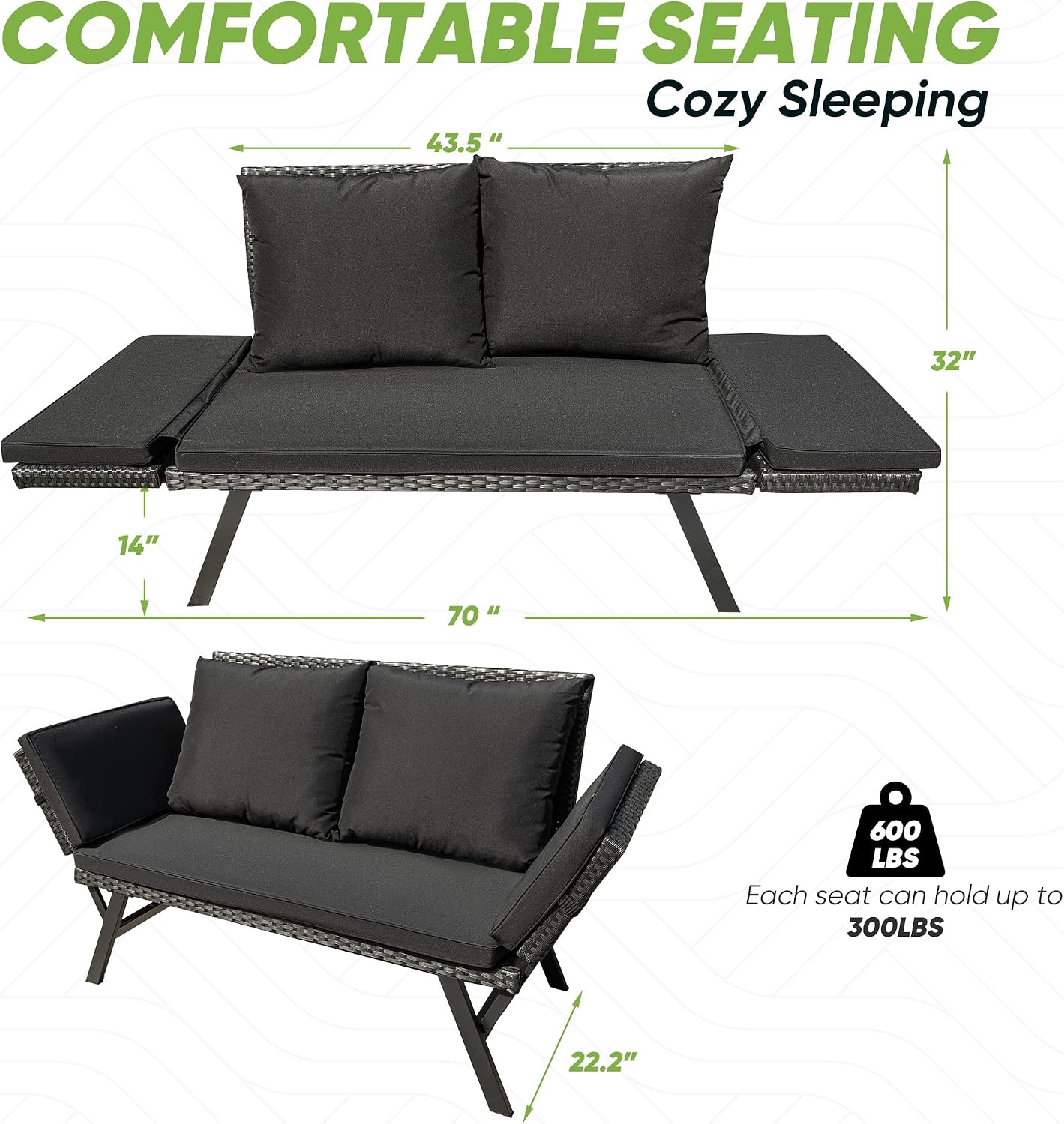 Greesum Outdoor Sofa, Woven Rattan Patio Furniture, Convertible Daybed or Double Chair with Adjustable Armrests, Cushions and Pillows for Yard, Porch, Pool, Black Lounger & Black Pillowcase
