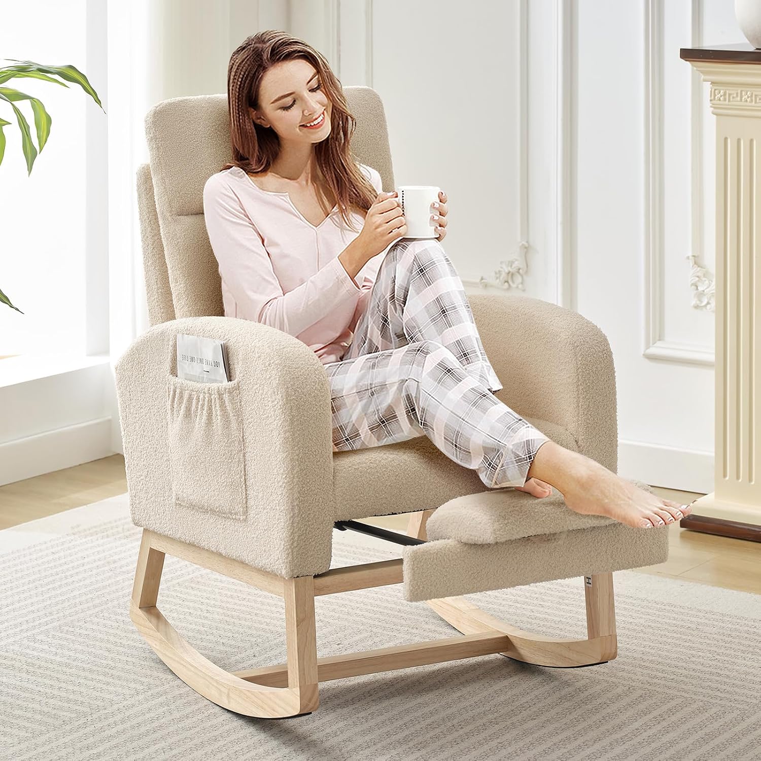 Modern Nursery Rocking Chair, Teddy Upholstered Rocking Chair with Footrest, Comfortable Rocker Recliner with Side Pocket, Rocker Glider for Living Room, Bedroom, Nursing Room