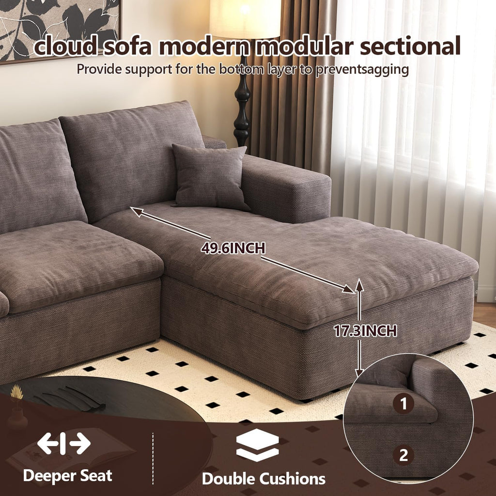 136.6'' U-Shaped Modern Modular Sectional Cloud Couch Whit Ottoman, 4-Seat Chenille Deep-Seat Sofa with Pillow for Living Room, Bedroom, Apartment, Camel