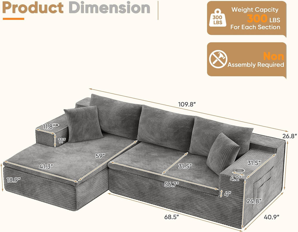Homall 109' Boneless Couch with Memory Foam, Modular Sectional Sofa with L-Shape Chaise, Cloud Couch with Deep Seat, Dual Cup Holders & Side Pockets, No Assembly Required (Gray)