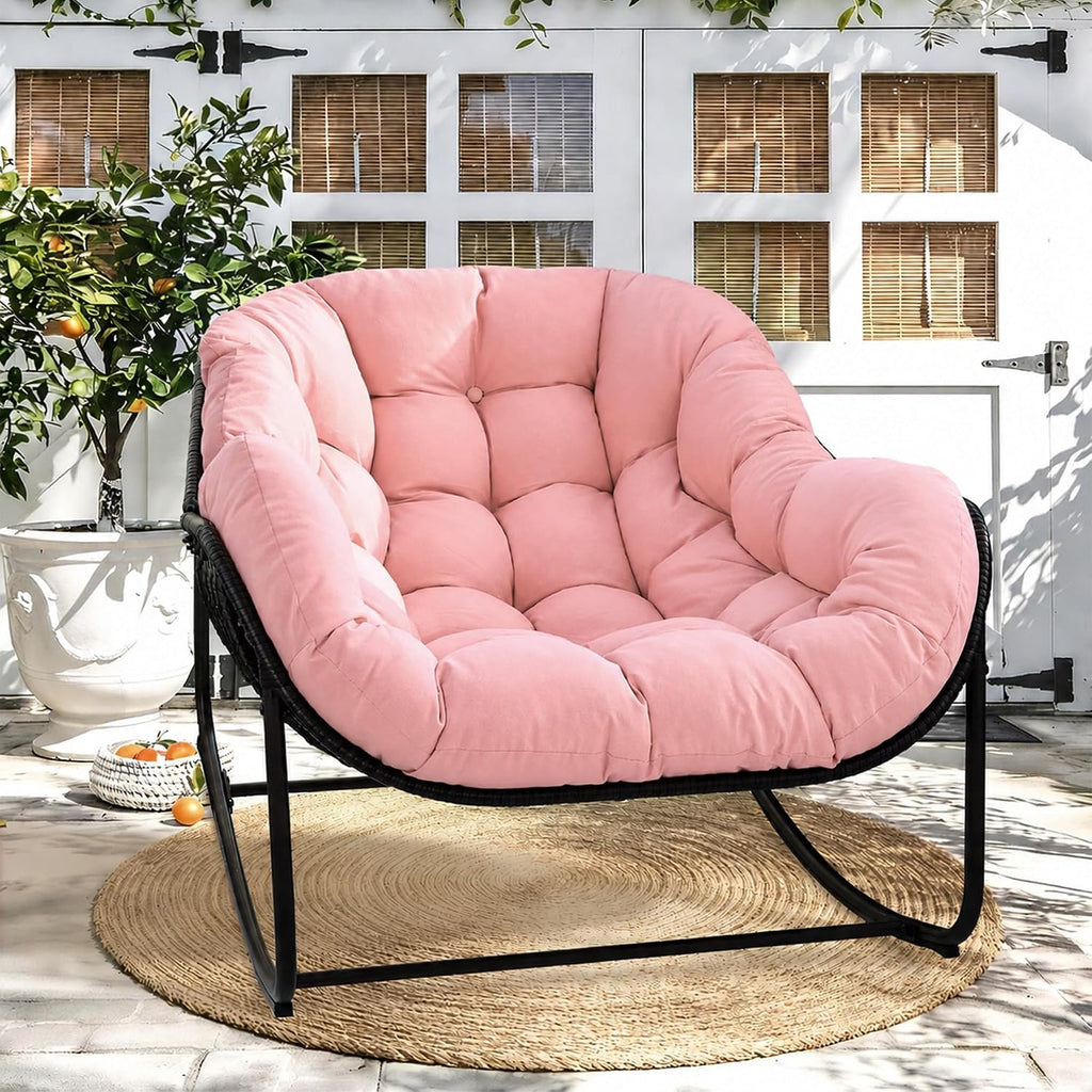 Papasan Rocking Chair Indoor & Outdoor, Oversized Egg-Shaped Papasan Rocker with Cushion & Pillow, All-Weather Wicker Patio Lounge Chair for Garden, Porch, Living Room (Pink)