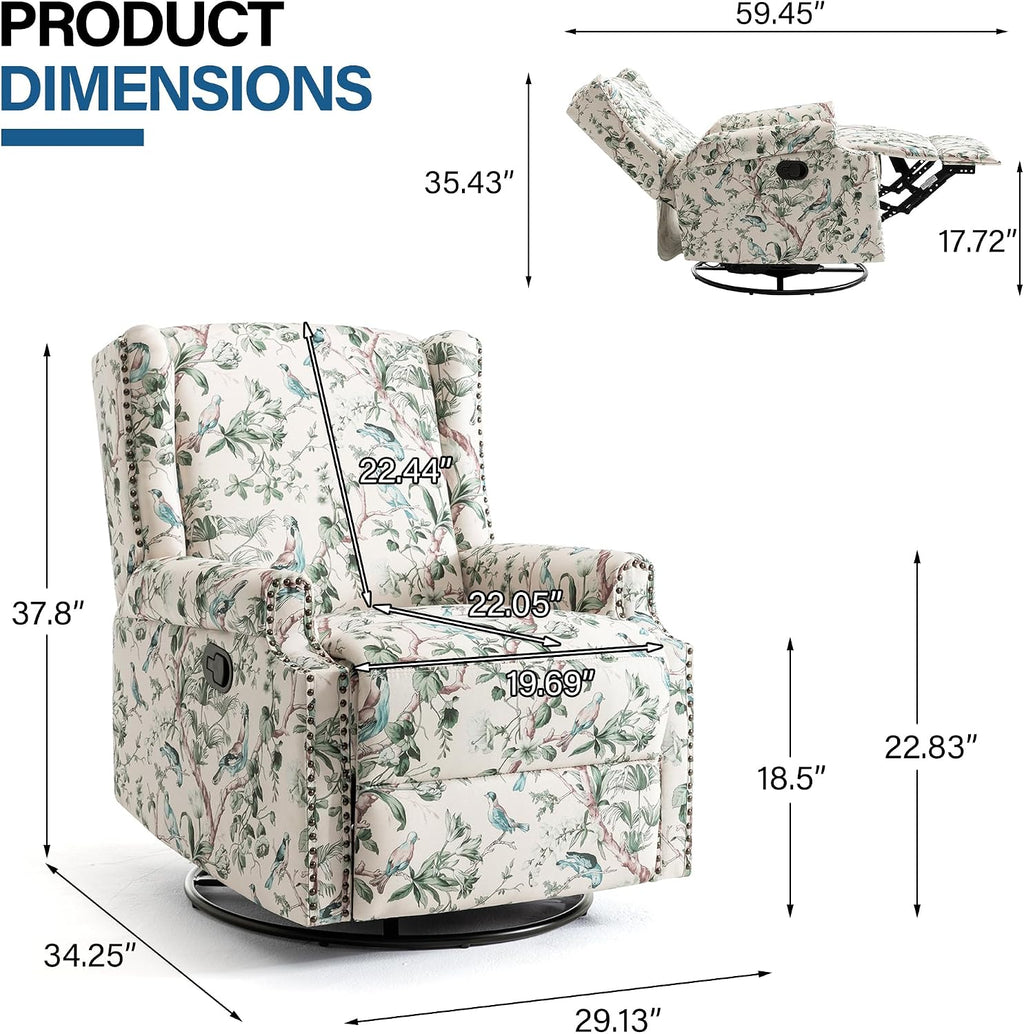 Swivel Rocker Recliner Chair, 360° Swivel Wingback Recliner Chairs for Adults, Upholstered Printed Fabric Glider Rocking Chair with High Back, Deep Seat for Living Romm Bedroom, Bird