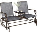 Outsunny Outdoor Glider Bench with Center Table, Metal Frame Patio Loveseat with Breathable Mesh Fabric and Armrests for Backyard Garden Porch, Gray