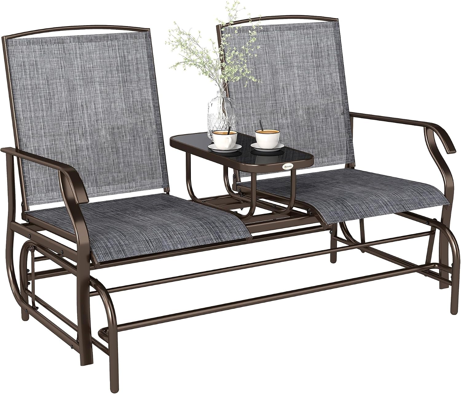 Outsunny Outdoor Glider Bench with Center Table, Metal Frame Patio Loveseat with Breathable Mesh Fabric and Armrests for Backyard Garden Porch, Gray