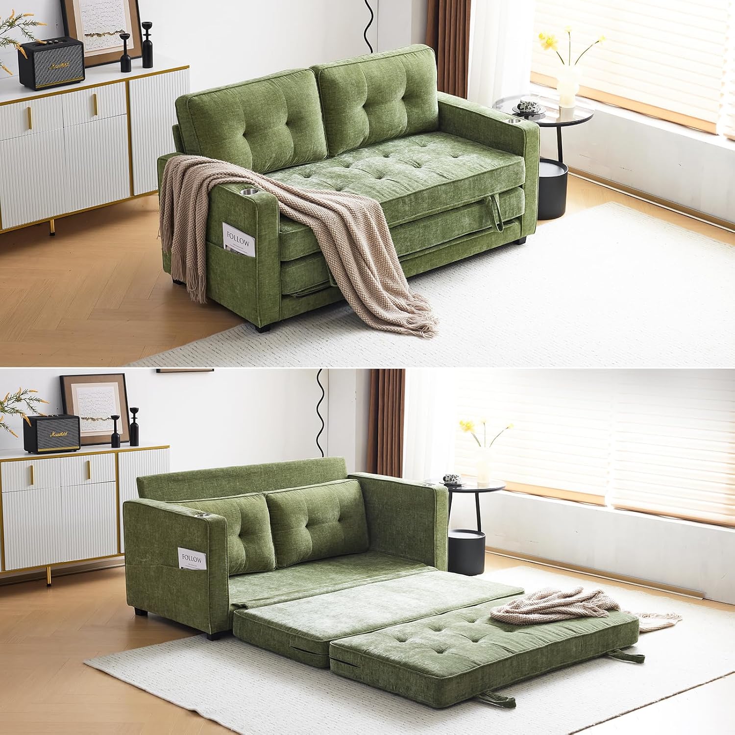 VINGLI Sofa Bed Full Size Pull Out Couch Bed Olive Green Futon Couch 64' W 84' L Loveseat Sleeper Floor Couches for Living Room Convertible Loveseat Sofa Foldable Sofa Bed