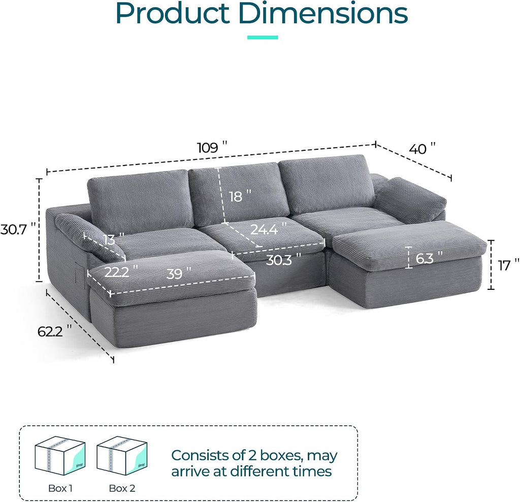 LINSY HOME 109' Modular Couch Modern Boneless Cloud Couch, U Shaped Sofa with Movable Ottomans, Deep Seat Corduroy Sectional Couches for Living Room, Apartment, No Assembly Required, Grey