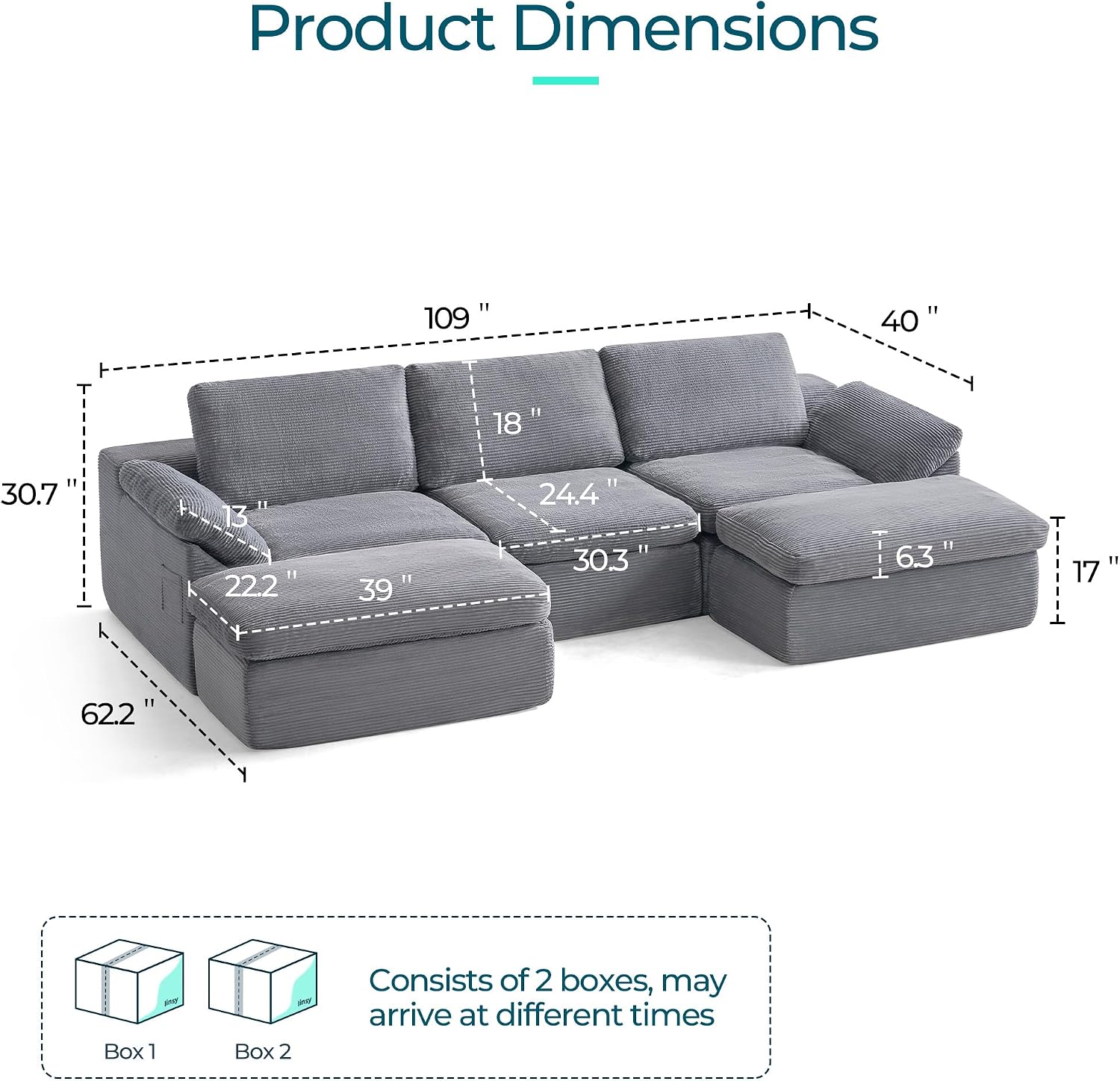 LINSY HOME 109' Modular Couch Modern Boneless Cloud Couch, U Shaped Sofa with Movable Ottomans, Deep Seat Corduroy Sectional Couches for Living Room, Apartment, No Assembly Required, Grey