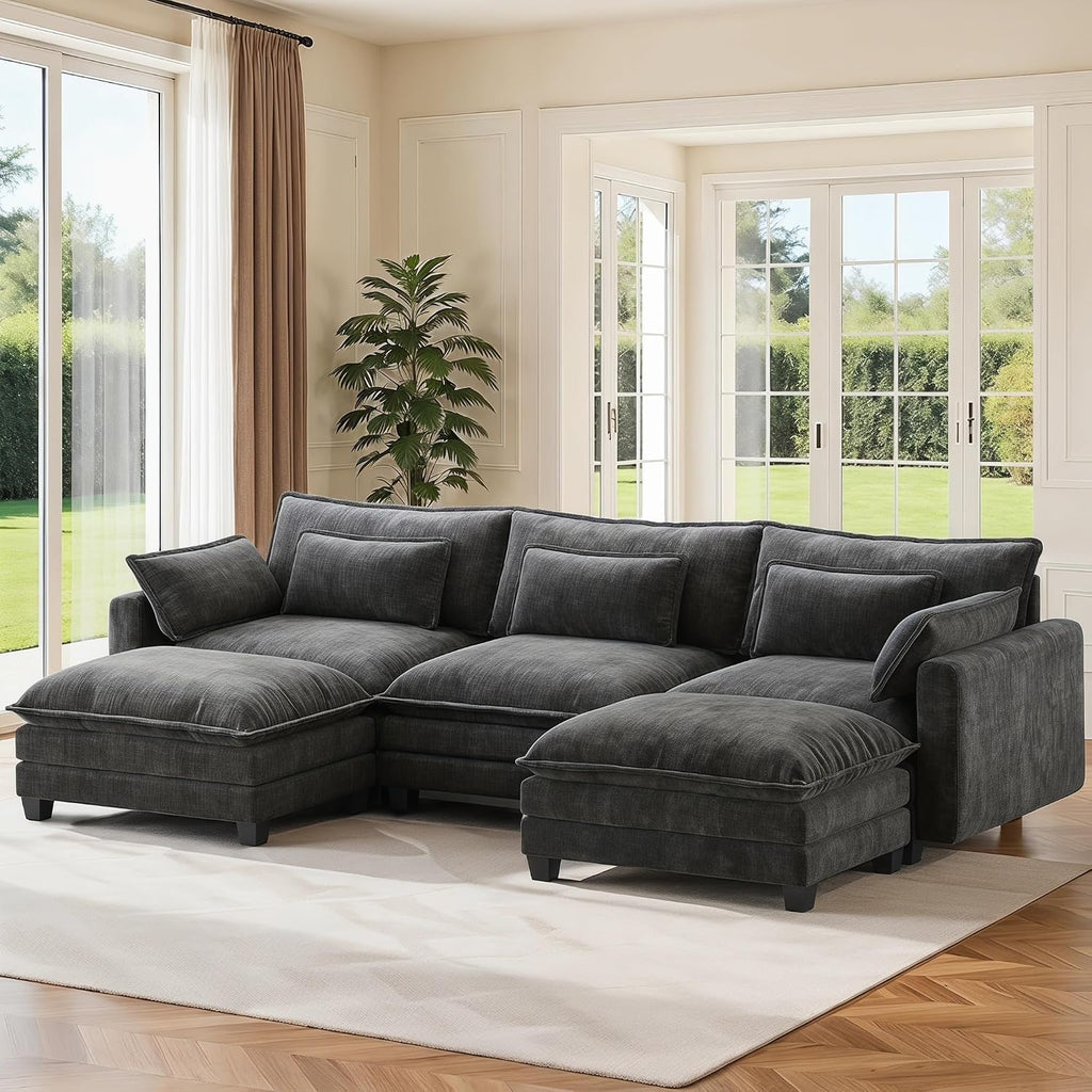 Pipishell 110.6' Modular Sectional Sofa, U Shaped Cloud Couch with Movable Ottoman, 5-Seat Chenille Deep Seat Cloud Modular Sectional Sofa with Throw Pillows for Living Room & Apartment, Grey