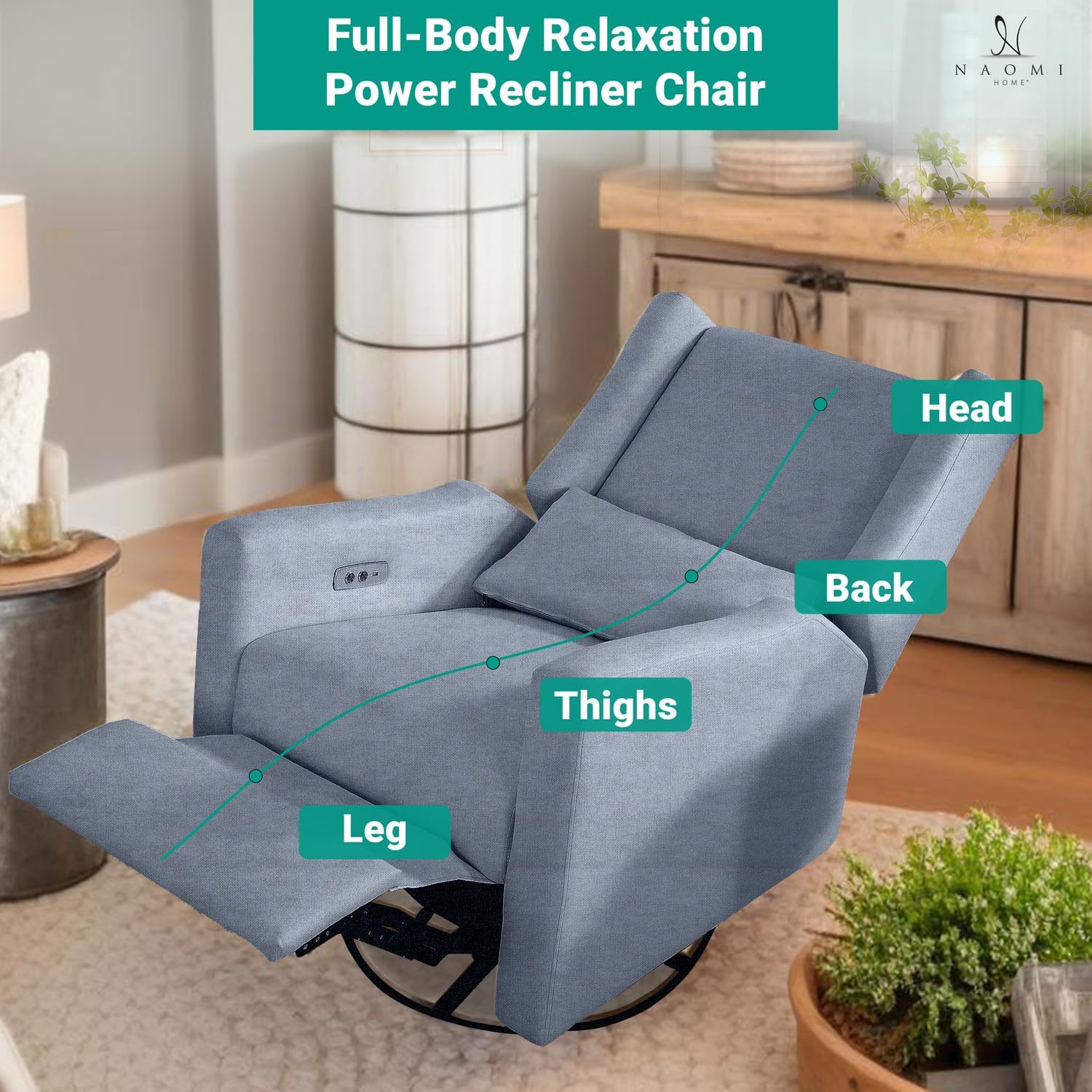 Naomi Home Tanya Luxury Motion Recliner Chair, Gray – Plush Upholstered Glider Rocker with USB Charging, Swivel, and Lumbar Support for Nursery Comfort, 275 lbs Capacity