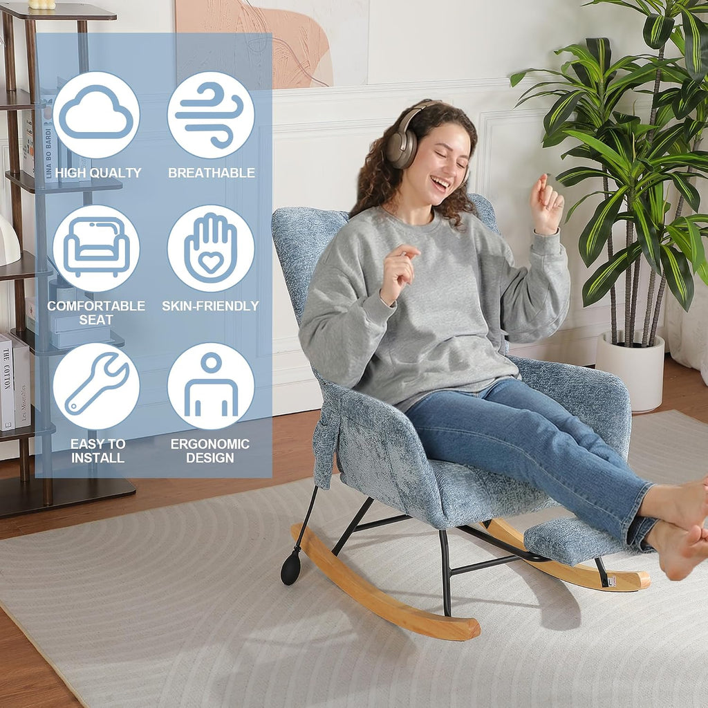 Rocking Chair Nursery with Airbag, Comfy Modern Nursery Rocking Reading Chair Indoor with Footrest, Cozy Upholstered Glider Rocker Chairs for Living Room Bedroom Offices(Chenille, Blue)