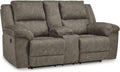 Signature Design by Ashley Laresview Contemporary Faux Leather Manual Double Reclining Loveseat with Console, Storage and Cup Holders, Gray