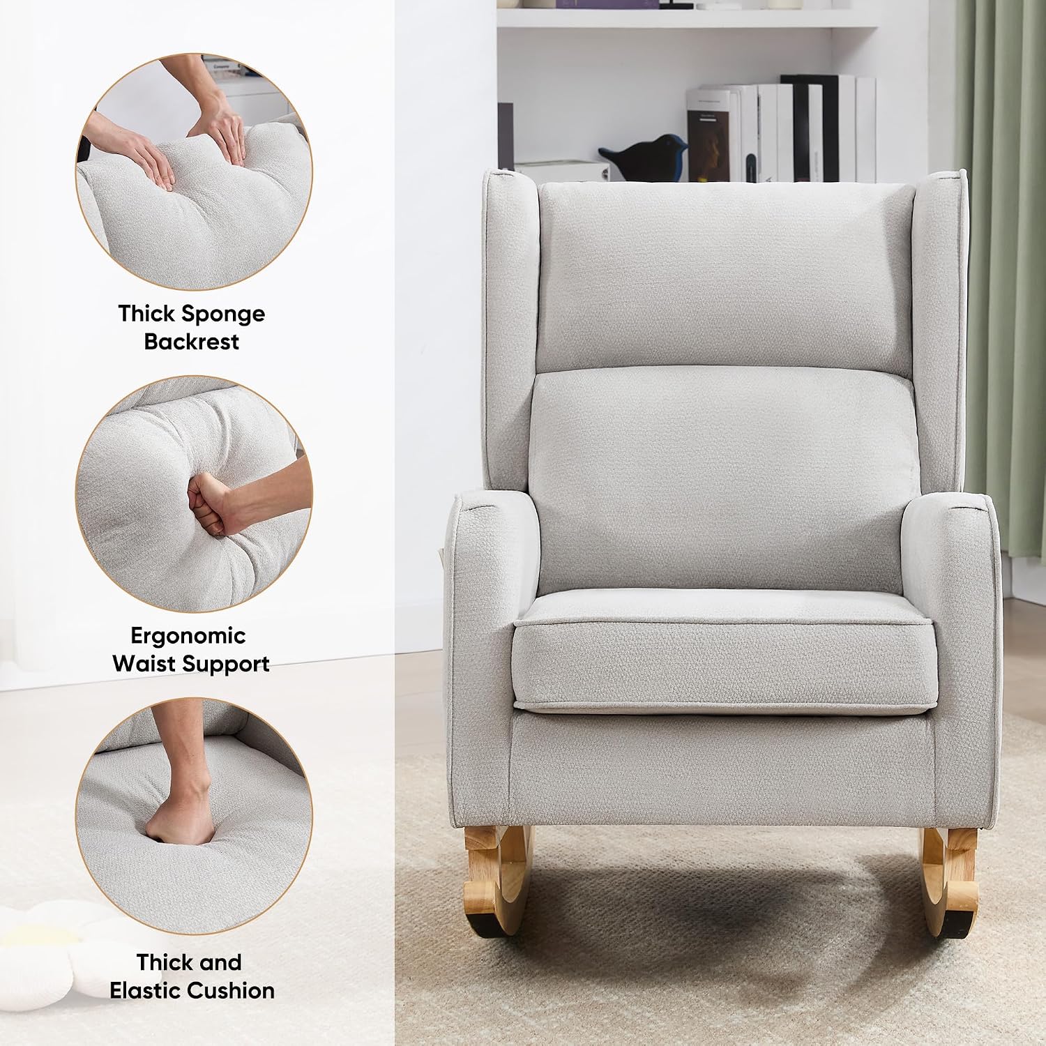 HCHAIRH Nursery Rocking Chairs, Rocking Chair Nursery for Mom Nursery Rocker with High Backrest and Solid Wood Legs, Modern Wingback Accent Chair Set of 2 for Reading Living Room Bedroom, Light Grey