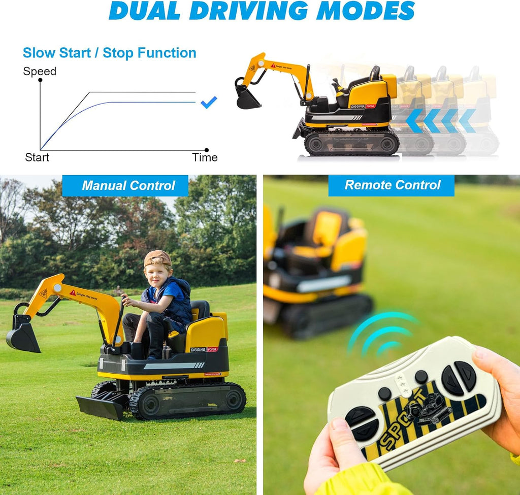 360 Degree Rotating Ride On Excavator and Bulldozer,JOYLDIAS 12V12AH Battery Powered Ride On Toy Backhoe W/Track Design Wheels for All Terrain,Remote Control,MP3,Toolbox for Kids,Parent,Yellow