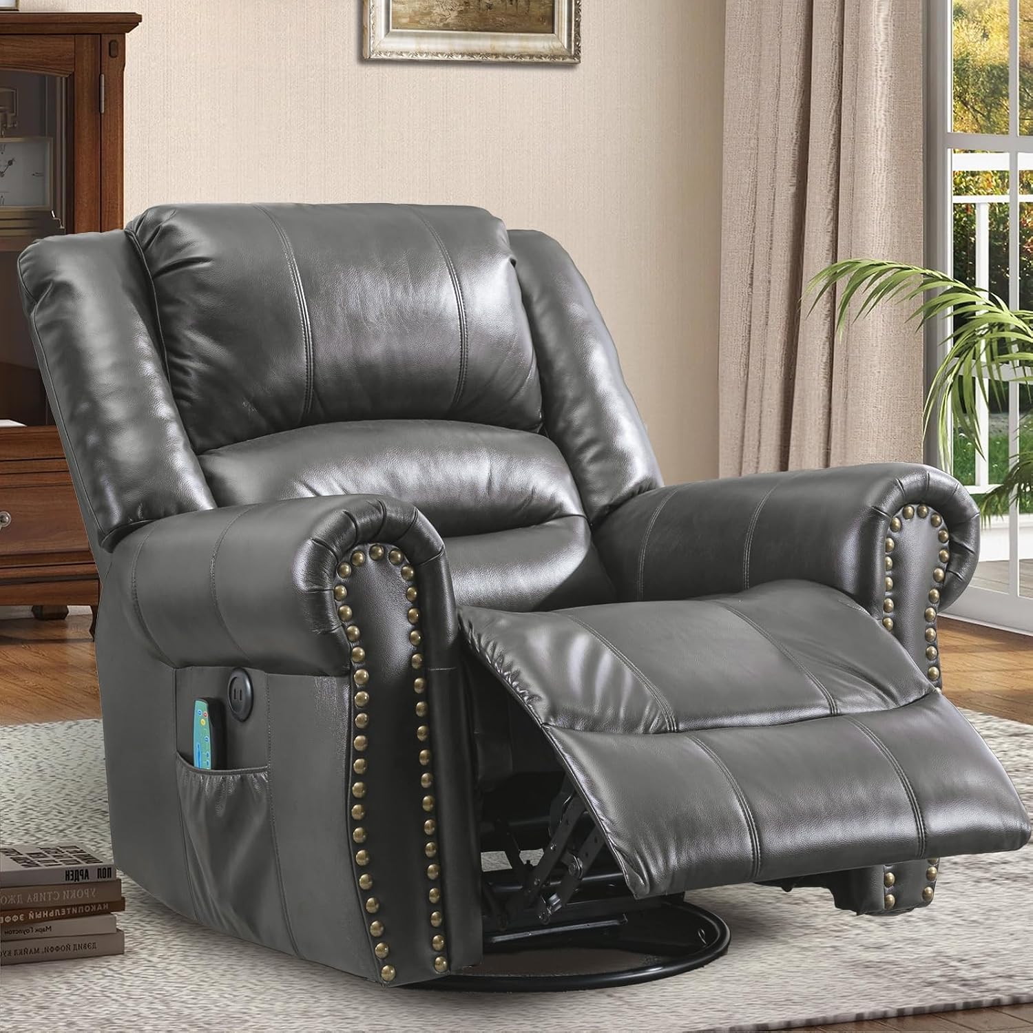 Manual Massage Recliner with Heating Function, 360° Swivel Glider Rocking Recliner Chair for Living Room, Ergonomic Single Sofa Chair with Remote Control/USB Ports/Side Pockets(Gray)