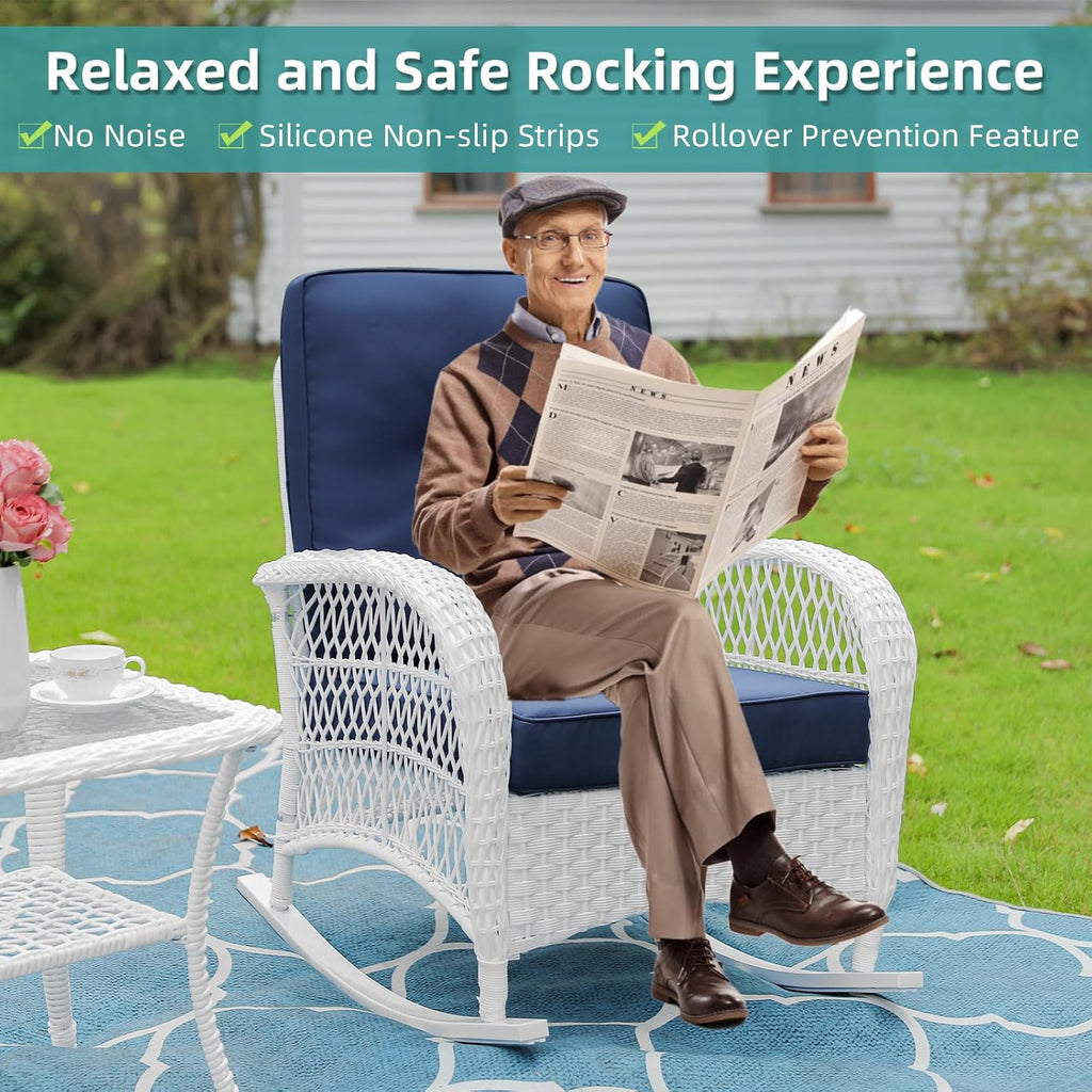 MEETWARM Outdoor Wicker Rocking Chair, Rattan Patio Rocker Chairs with Cushions and High Back, All-Weather Patio Wicker Chair with Safe Rocking Design for Garden Backyard Porch, White/Navy