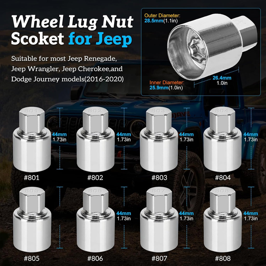 Lug Nut Key Compatible with Jeep,801 to 808 Wheel Lock Key | Wheel Lock Key Master Set for Jeep Renegade,Wrangler, Cherokee and Dodge Jouney 2016 -2020), Easy Removal Locking socket