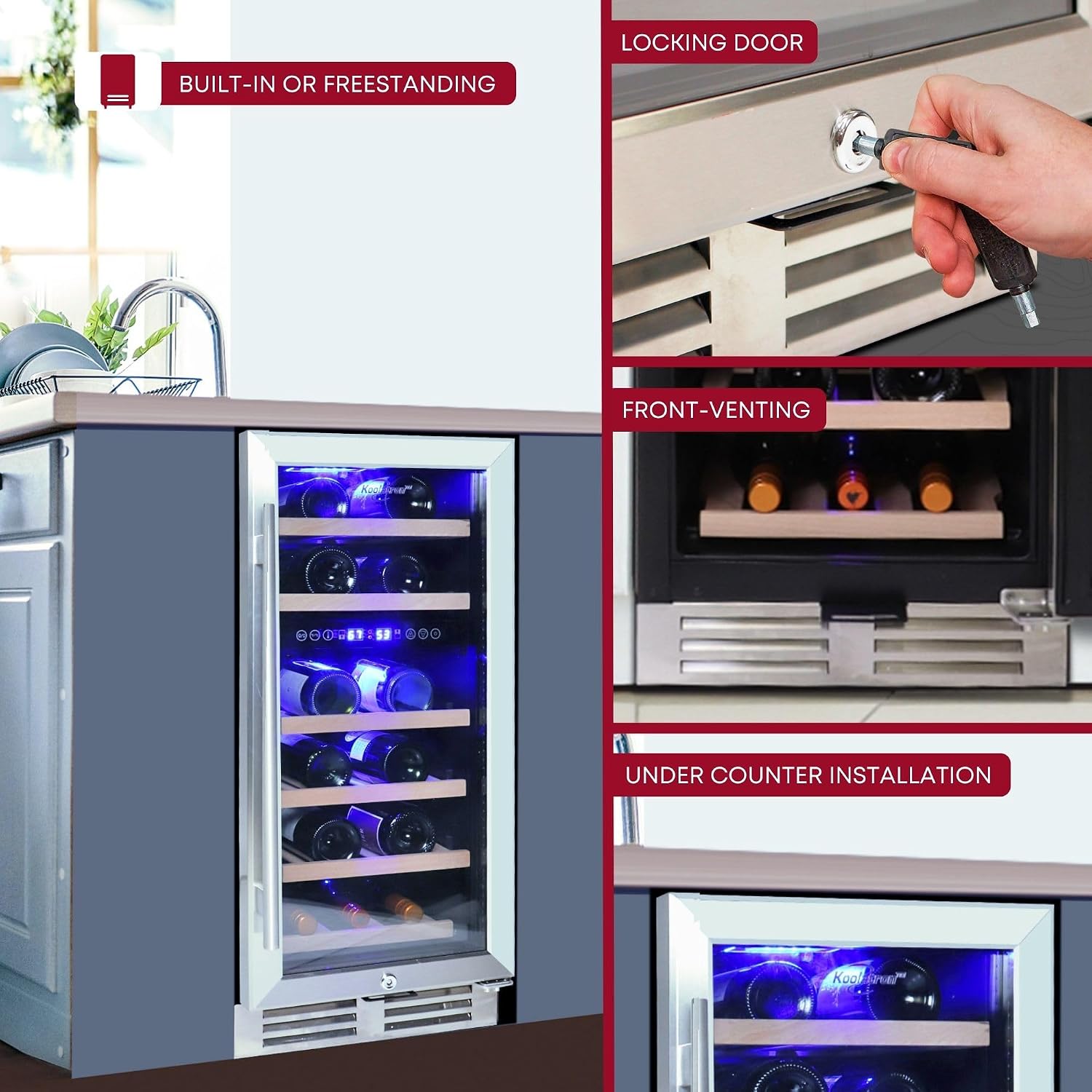Koolatron 28 Bottle Wine Fridge Dual Zone Built-In Wine Cooler with Glass Door Front Vent Beverage Can Bar Compressor Refrigerator Red White Wine Champagne 15-Inch 3.5 cu ft (Silver Black 100 L)