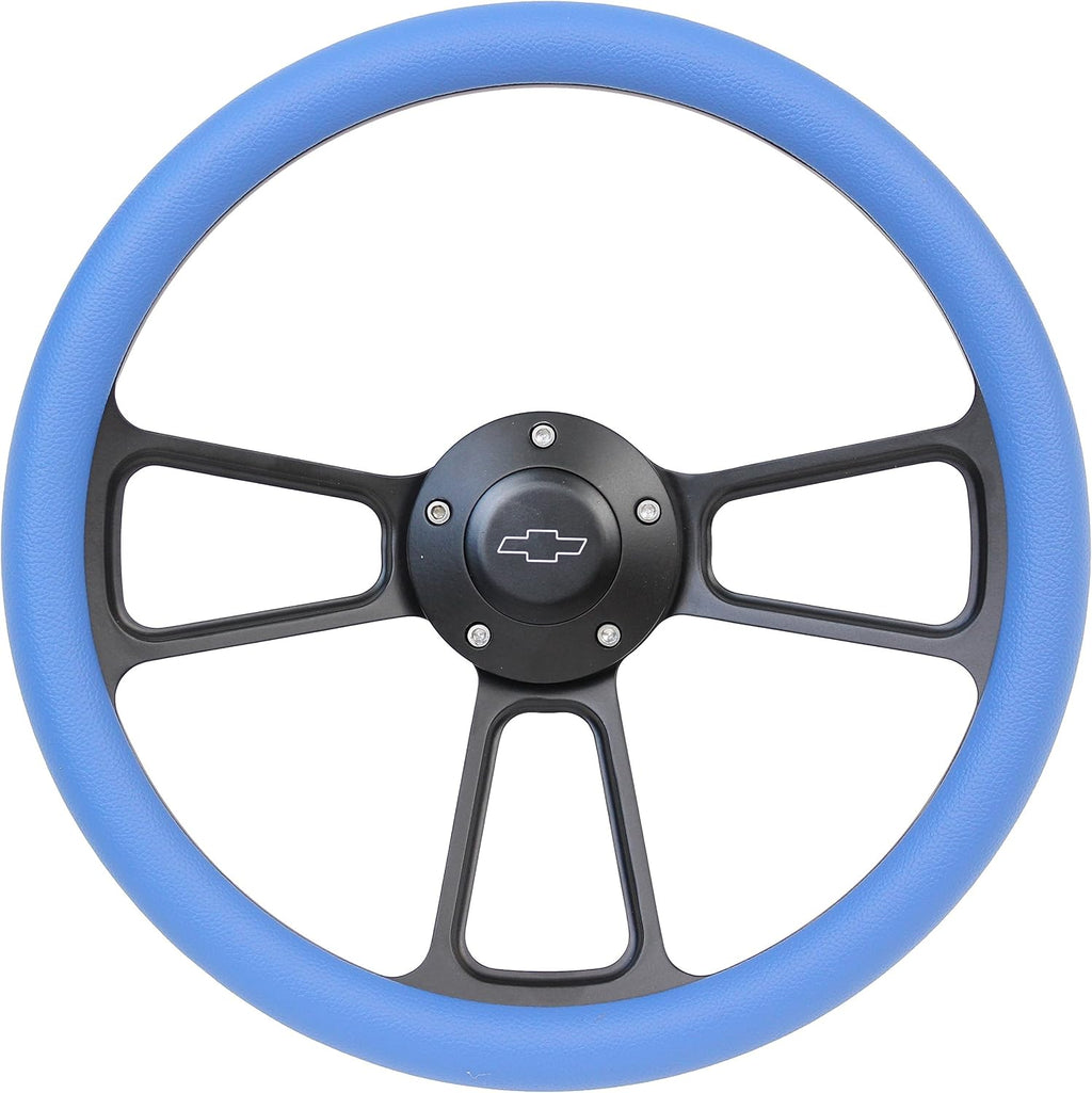 5-bolt Black Steering Wheel 14 Inch Aluminum with Sky Blue Vinyl Wrap and Chevy Horn Button