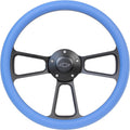 5-bolt Black Steering Wheel 14 Inch Aluminum with Sky Blue Vinyl Wrap and Chevy Horn Button