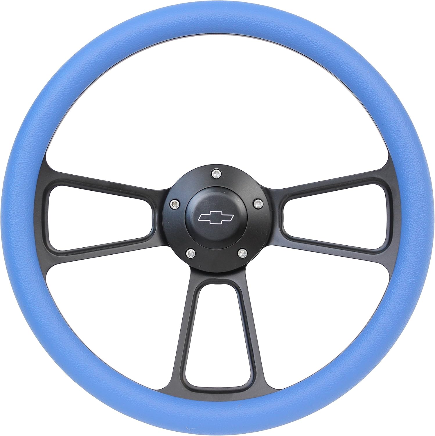 5-bolt Black Steering Wheel 14 Inch Aluminum with Sky Blue Vinyl Wrap and Chevy Horn Button