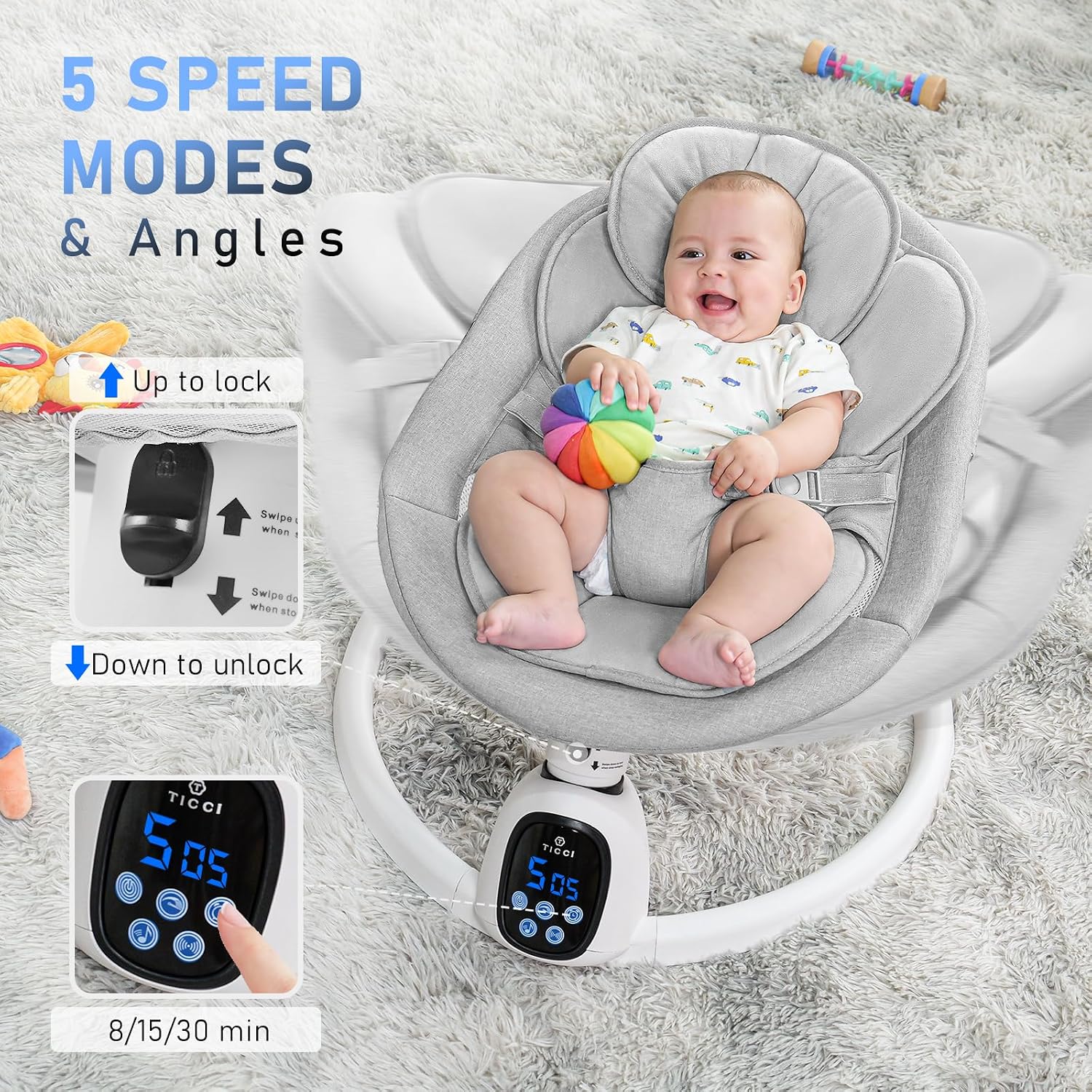T TICCI Baby Swings for Infants, 5 Speed Bluetooth Baby Bouncer, Motorized Bluetooth Swing, Built-in 3 Timer Settings, Music Speaker, Remote Control, 0-6 Months, Grey