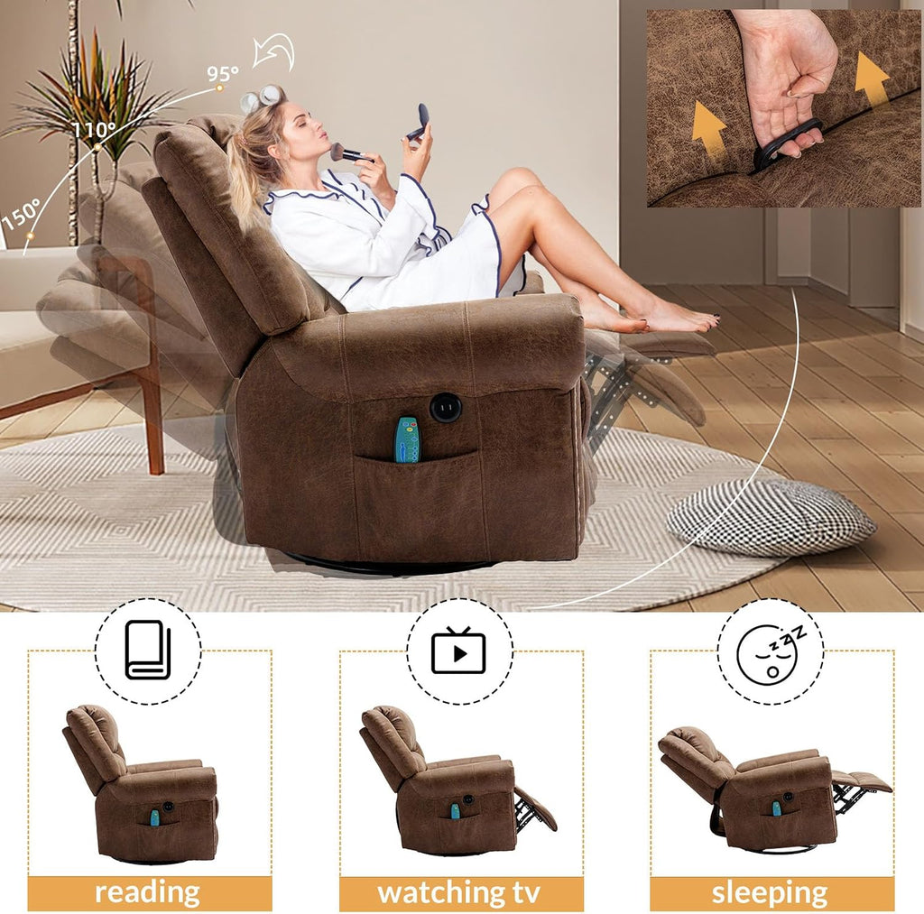 Manual Massage Recliner with Heating Function, 360° Swivel Glider Rocking Recliner Chair for Living Room, Ergonomic Single Sofa Chair with Remote Control/USB Ports/Side Pockets(Brown)
