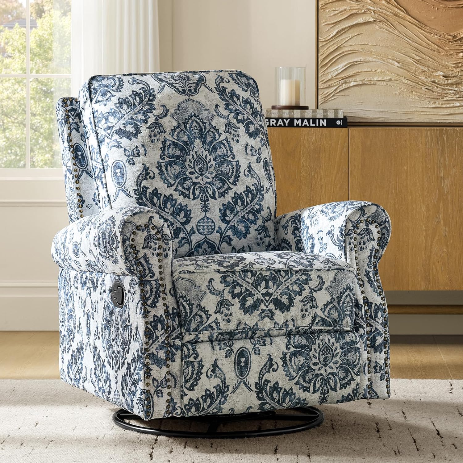 HULALA Home Modern Rocker Recliner, Printed Fabric Swivel Glider with Adjustable Backrest & Footrest, Comfy Upholstered Manual Recliner Chair Home Theater Singe Sofa for Bedroom Living Room, Damask