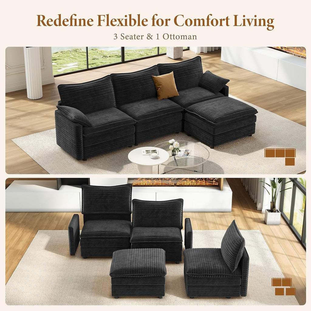 Vesgantti 108' Cloud Couch for Living Room, Deep Seat Sectional Modular Sofa with Ottoman, Double Cushion Corduroy L Shaped Sofas Set Easy Rearrange for Apartment, Office, Bedroom, Dark Grey