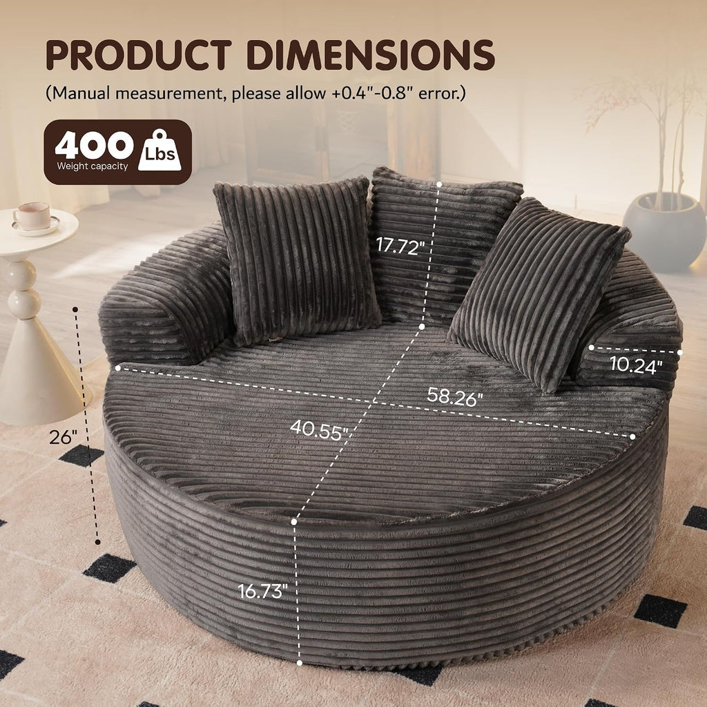 ovios 58' Oversized Round Chair Lounge Chaise Indoor, No Assembly Required, Cloud Large Circle Chair with Plush Fuax Fur, Fluffy Modern Sleeper Sofa Bed for Reading Yoga, Grey (Plush Corduroy Fabric)