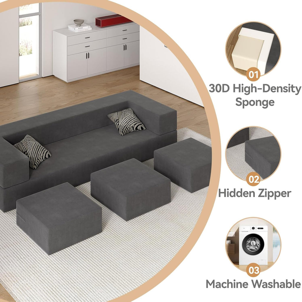 80'' Folding Bed Couch, Foam Floor Sofa with 3Ottomans& Washable Velvet Cover,Modular Sectional Sofa Futon Sleeper Convertible Memory Mattress for Guest/Living Room/Playroom,Queen,Deep Grey