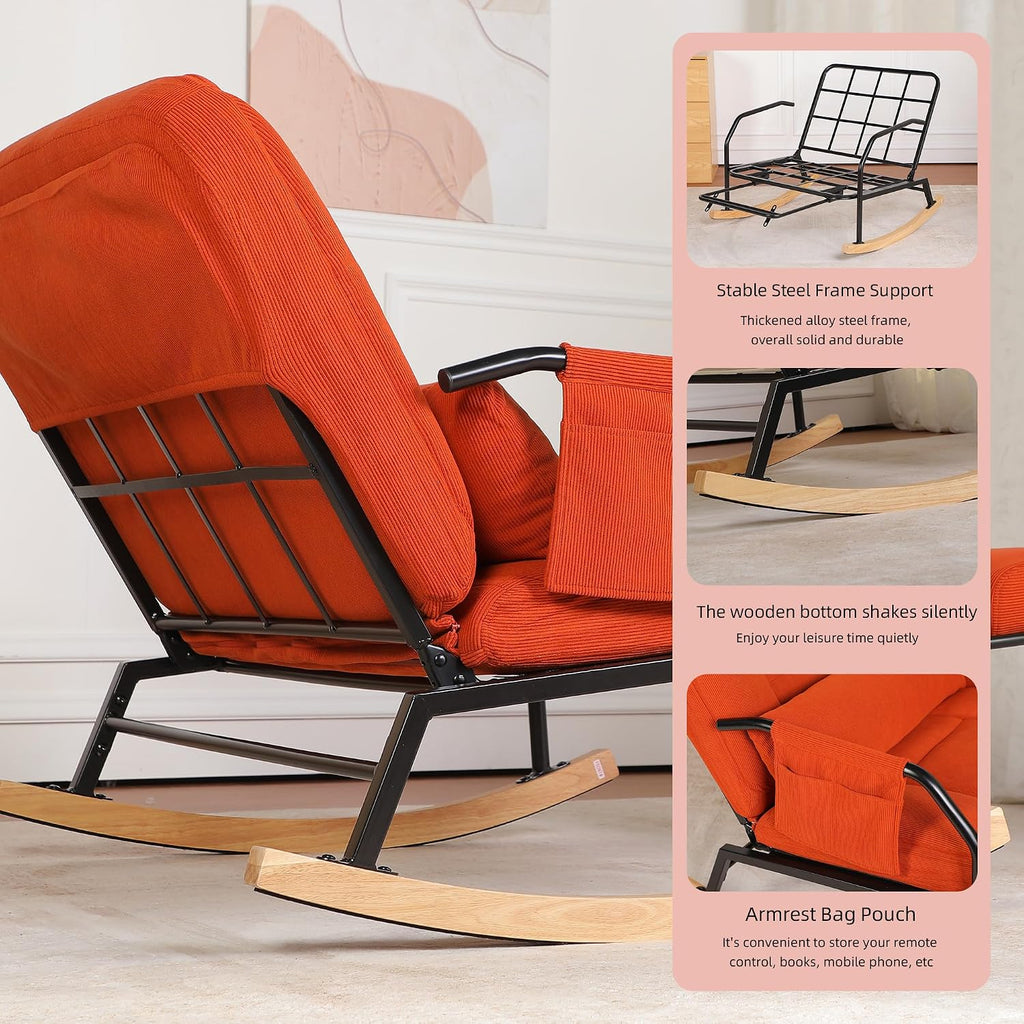 Oversized Rocking Chair, Extra-Wide Glider Patio Rocker Chairs with Foot Rest, Padded Cushion, Adjustable Backrest, Mental Wooden Farm, Indoor/Outdoor Living Room Bedroom Balcony Porch, Orange