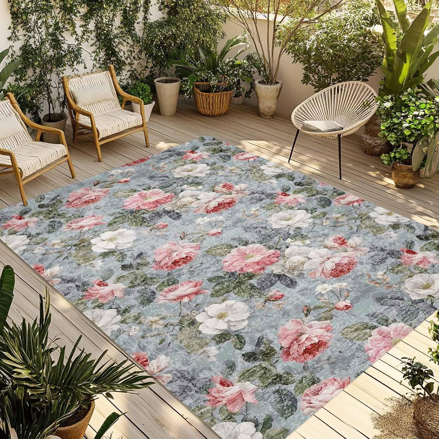 Vintage Spring Floral Outdoor Rug for Patio/Deck/Porch, Non-Slip Large Area Rug 5 x 8 Ft, Summer Botanical Watercolor Indoor Outdoor Rugs Washable Area Rugs, Reversible Camping Rug Carpet Runner