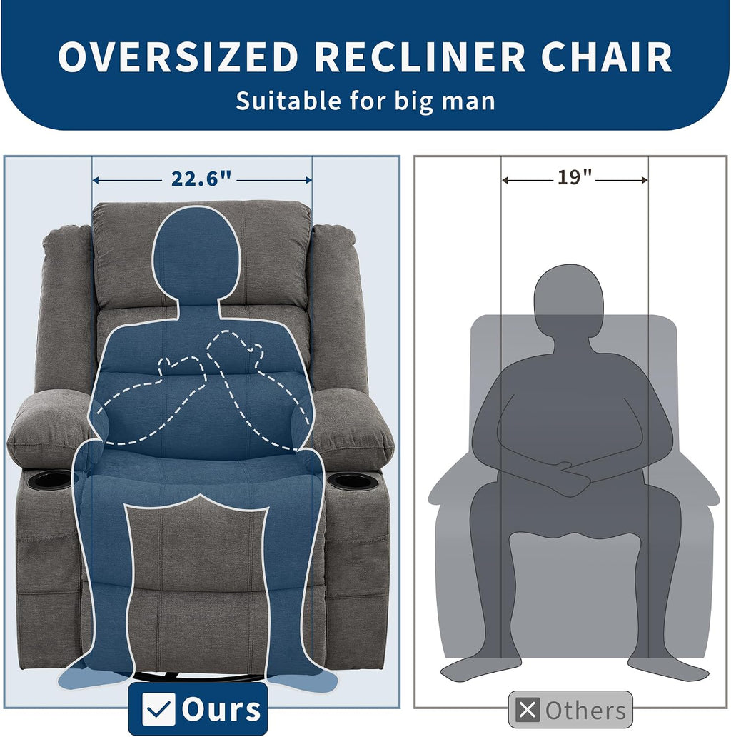 360° Swivel Recliner Chair for Adult, Linen Rocker Chair with 3 Positions/2 Side Pockets/Cup Holders, Manual Nursery Glider Rocking Chair for Bedroom Living Room Office