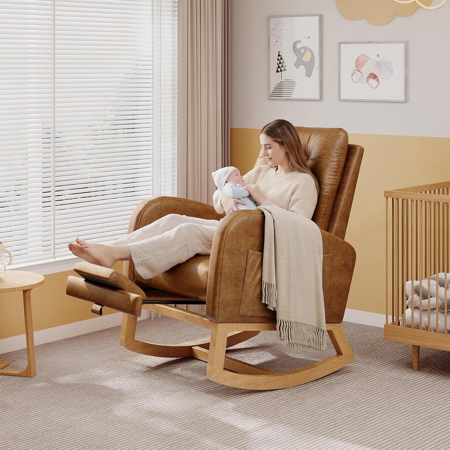 GarveeHome Nursery Rocking Chair with Adjustable Footrest, PU Leather Upholstery, Sturdy Wooden Legs & High Backrest, Comfortable Glider Rocking Chair for Living Room or Bedroom, Orange