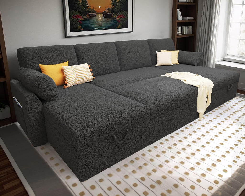 AMERLIFE 110 inch Sleeper Sofa, 2-in-1 Oversized Sofa Bed with Dual Storage Chaise, Pull Out Sofa Couch for Living Room, Guest Room, Boucle Dark Grey