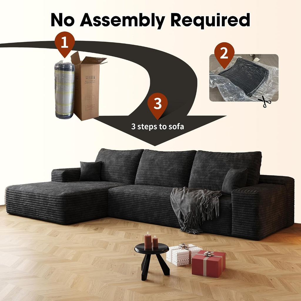 Ball & Cast 107' Cloud Sectional Couch with L-Shape Chaise,Plush Corduroy Boneless Modular Sofa with Deep Seat,Upholstered Couches for Living Room Bedroom,No Assembly Required,Black(Left Facing)