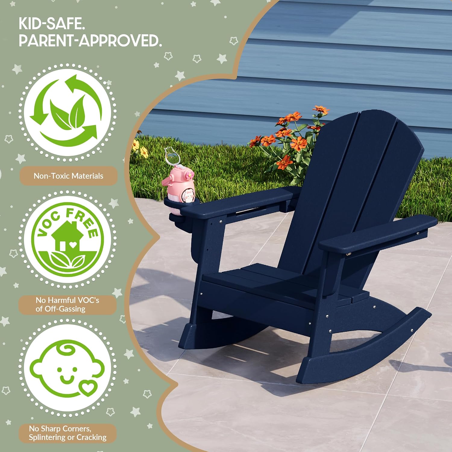 WestinTrends Malibu Outdoor HDPE Plastic Preschool Toddler Classic Adirondack Rocking Chairs (Set of 2), Navy Blue