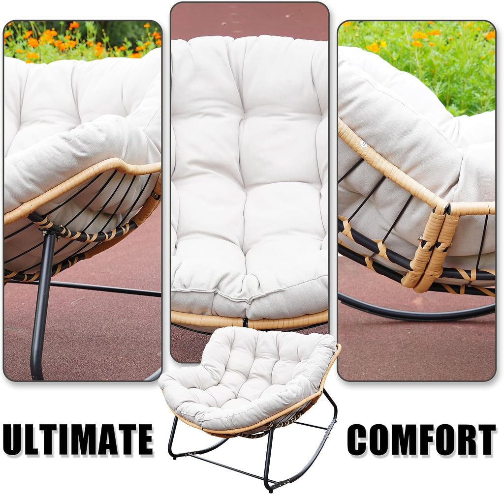 Outdoor Rocking Chair, Patio Egg Rocking Chair, Indoor Papasan Chair, Rattan Wicker Lounge Chair, Modern Royal Chair for Bedroom, Living Room, Porch, Garden,Lawn-Beige (Beige)