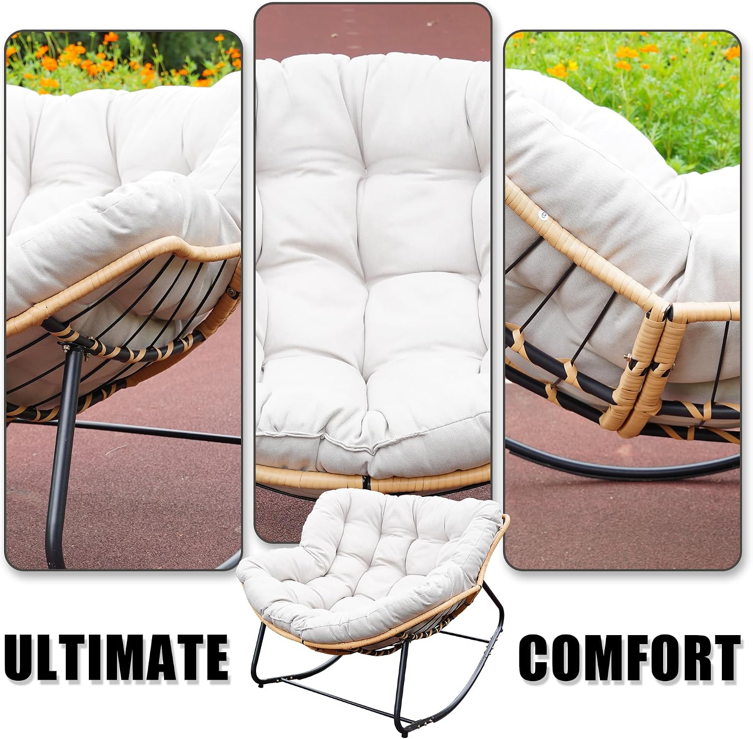 Outdoor Rocking Chair, Patio Egg Rocking Chair, Indoor Papasan Chair, Rattan Wicker Lounge Chair, Modern Royal Chair for Bedroom, Living Room, Porch, Garden,Lawn-Beige (Beige)
