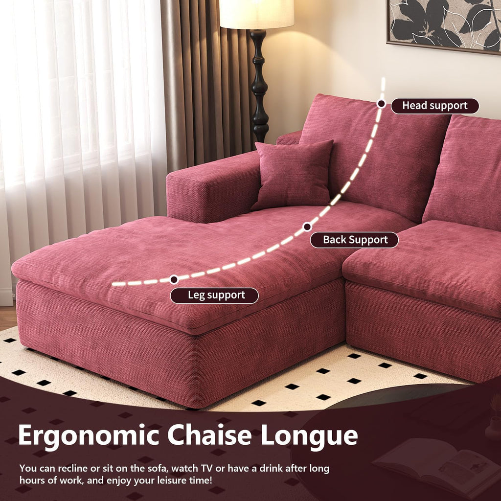 136.6'' U-Shaped Modern Modular Sectional Cloud Couch Whit Ottoman, 4-Seat Chenille Deep-Seat Sofa with Pillow for Living Room, Bedroom, Apartment, Wine Red