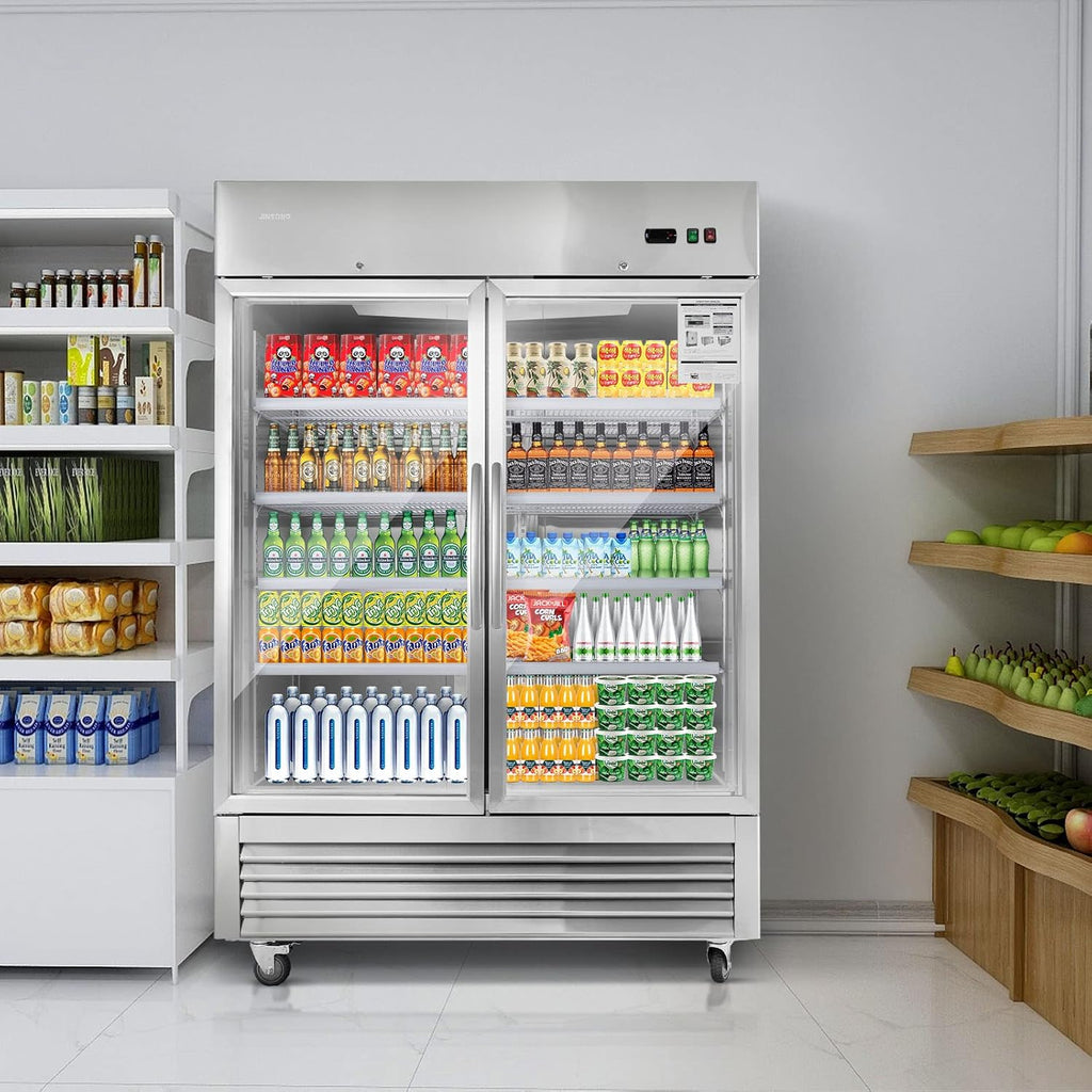 JINSONG Commercial Beverage Fridge Display Refrigerator, 54' Wide, Glass Door Refrigerator, Stainless Steel Beverage Cooler with LED Lighting & 8 Shelves for Restaurant, Office, Shop, Bar, 49 Cu.ft