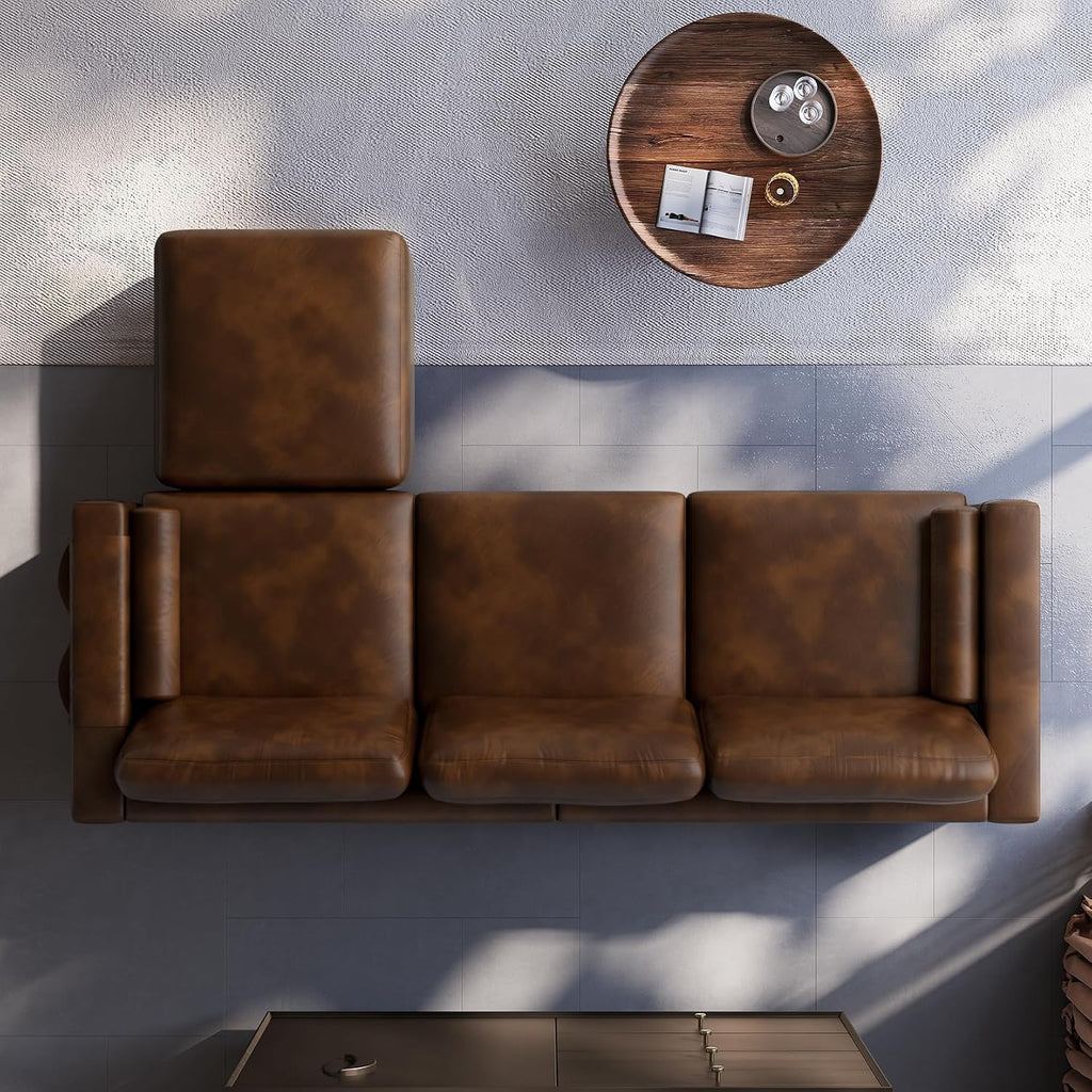 Vesgantti 100' PU Faux Leather Sofa with Movable Ottoman, 3 Seater L Shaped Leather Sectional Couch with Side Pocket, Comfy Mid Century Modern Modular Couch for Living Room, Apartment, Cocoa