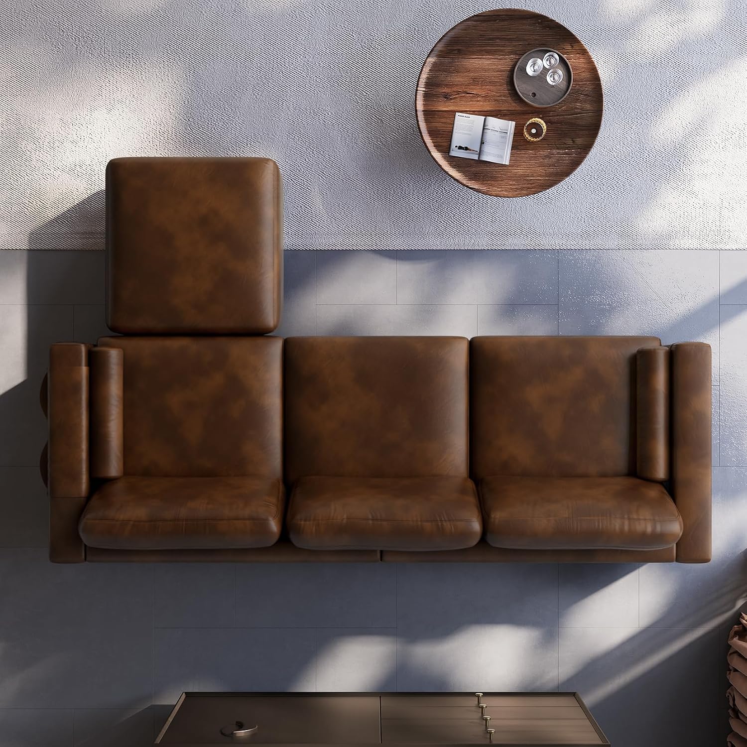 Vesgantti 100' PU Faux Leather Sofa with Movable Ottoman, 3 Seater L Shaped Leather Sectional Couch with Side Pocket, Comfy Mid Century Modern Modular Couch for Living Room, Apartment, Cocoa
