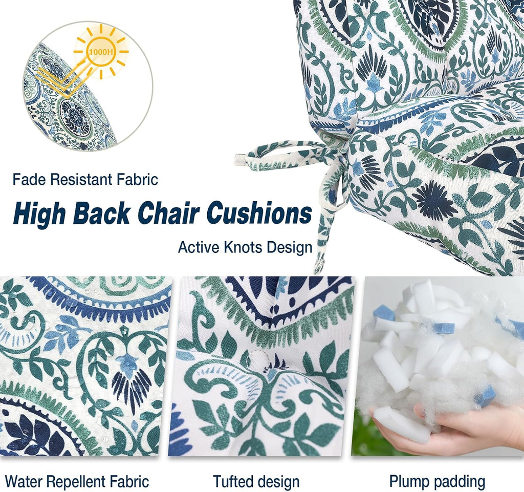 Outdoor High Back Chair Cushions Set of 2, Water-Resistant Seat Cushion Rocking Chair Cushion with tie 44×20×4 inch, Celadon Wreath