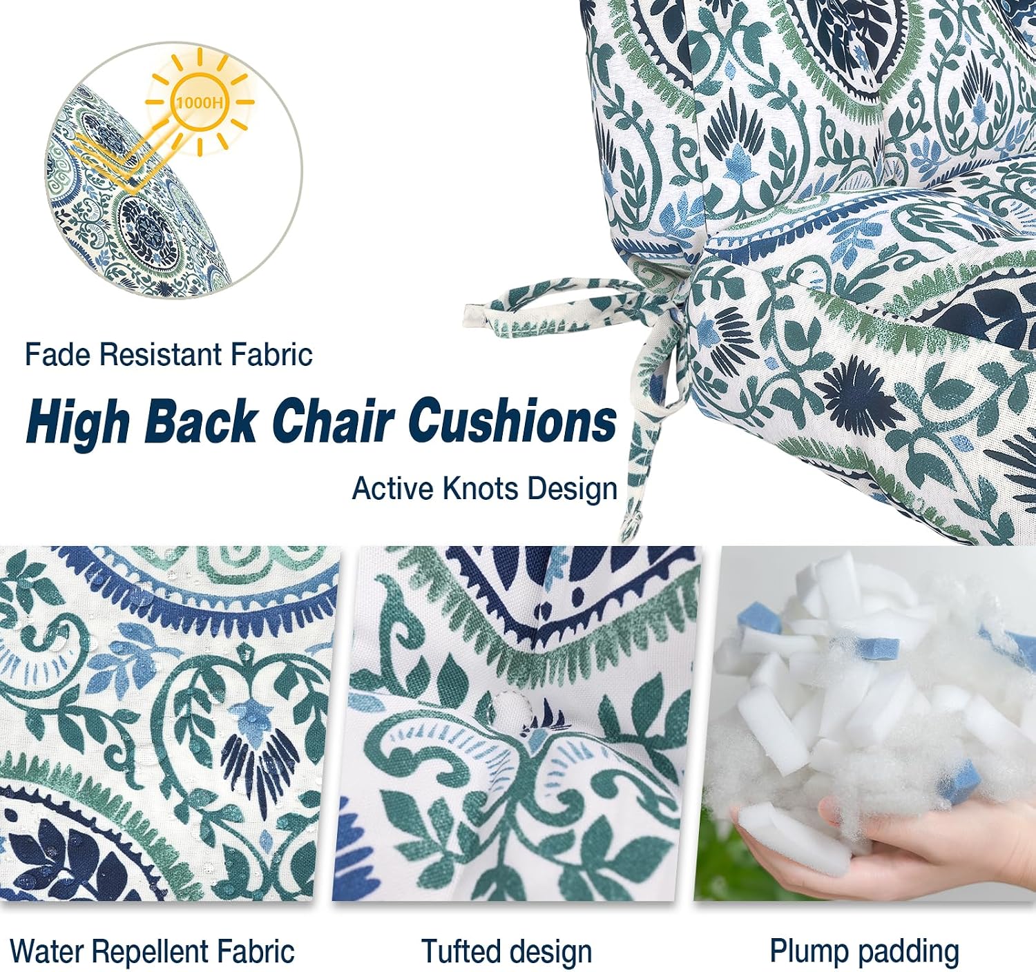 Outdoor High Back Chair Cushions Set of 2, Water-Resistant Seat Cushion Rocking Chair Cushion with tie 44×20×4 inch, Celadon Wreath