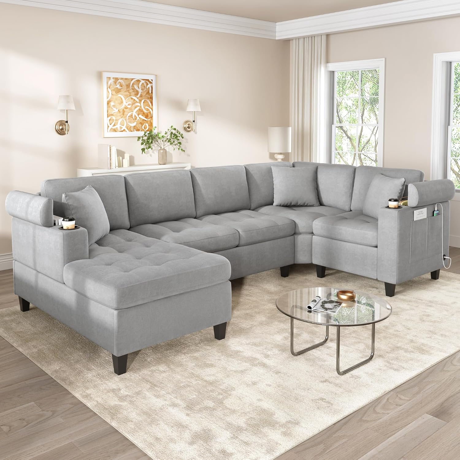 Eafurn Oversized U Shaped Sectional Sofa Tufted Couch w/Left Chaise, 6-Seater Chenille Convertible Corner Couches w/Cup Holders, Storage Armrest and USB Ports