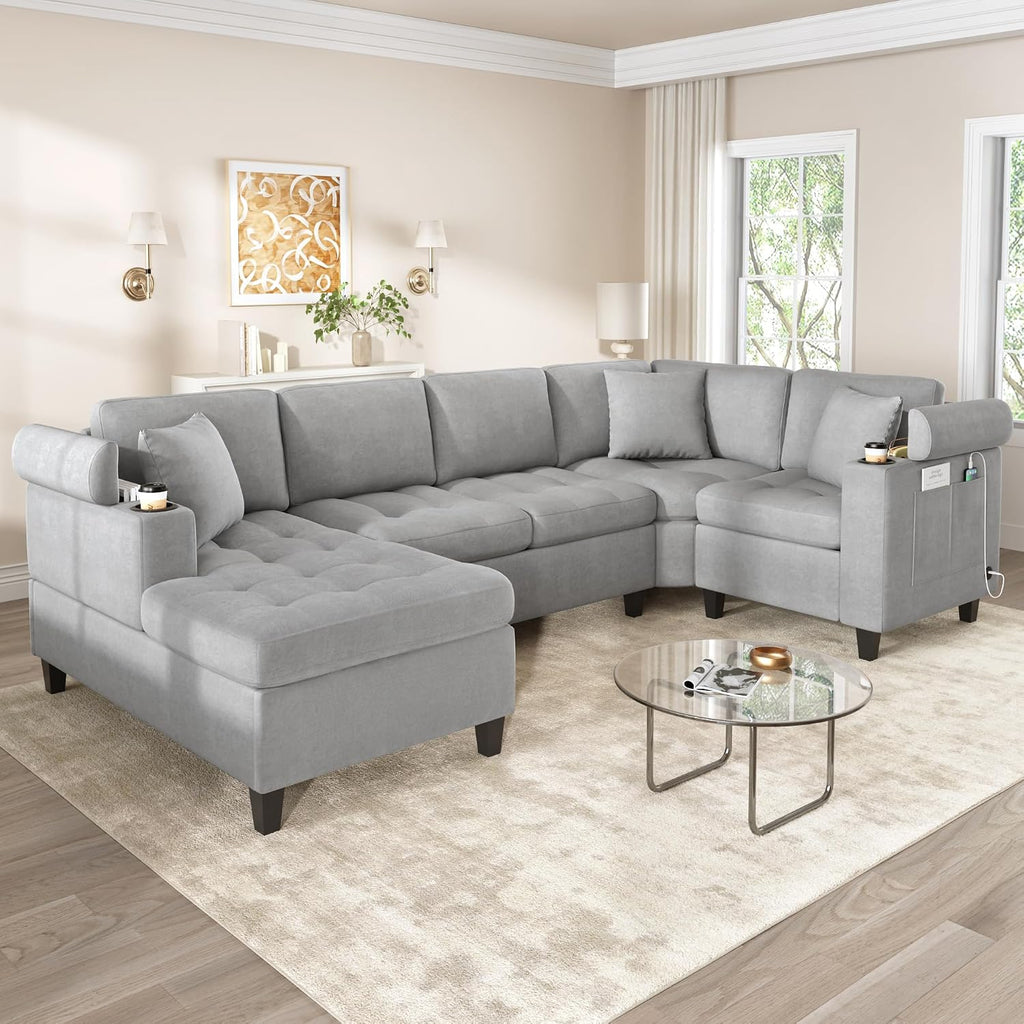 Merax 115.7' U-Shaped Chenille Sectional Sofa, 4 Seat Corner Couch Oversized with Built-in Cup Holders, 3 Pillows, Storage Space for Living Room, Light Grey
