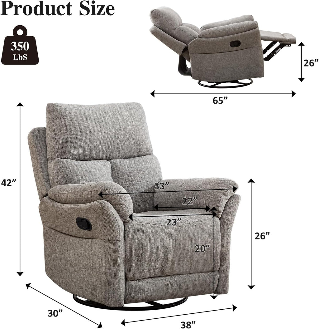 CANMOV Rocker Recliner, Manual Swivel Recliner with Overstuffed Cushion, Nursing Chairs for Living Room, Swivel Glider Recliners with Soft Backrest, Grey