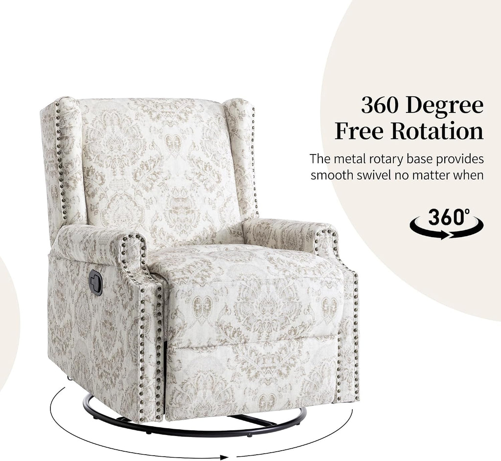 Swivel Rocker Recliner Chair, 360° Swivel Wingback Recliner Chairs for Living Room, Upholstered Printed Fabric Glider Rocking Chair with High Back, Deep Seat forBedroom, Beige